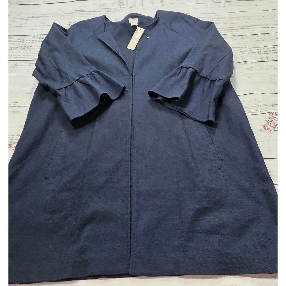 NWT Chicos Long Jacket Women Size 4 Navy Blue Ruffle Cuff Open Front Textured